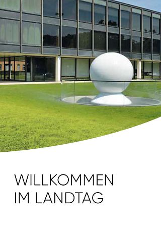 Titelseite des Flyers mit der Plastik "Der Volksvertreter" vor dem Landtagsgebäude