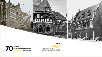 Schwarz-Weiss Fotografien ehemaliger Tagungsorte des Landtags