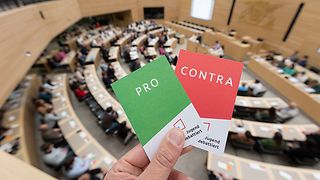 Grafik mit den Schildern "Pro" (Grün) und "Contra" (Rot)