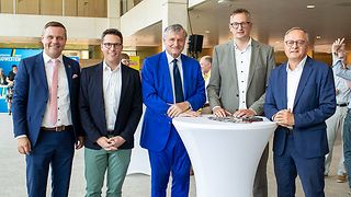 Die Fraktionsvorsitzenden vor der "Elefantenrunde" (v. li.): Anton Baron, Manuel Hagel, Hans-Ulrich Rülke, Andreas Schwarz und Andreas Stoch