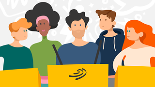 Eine bunte Illustration, die junge Menschen hinter einem Rednerpult zeigt