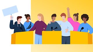 Grafik mit Jugendlichen an Redepulten