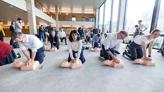 Abgeordnete knien vor Puppen