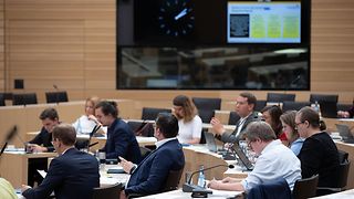 Eine Gruppe Abgeordnete sitzt im Plenarsaal