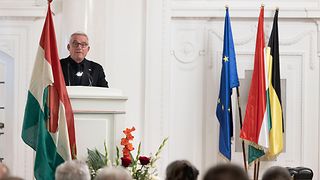 Landtagspräsident Strobl spricht an einem Rednerpult. Schräg davor steht eine löchrige ungarische Nationalflagge. Etwas weiter rechts stehen die europäische, die ungarische und die baden-württembergische Flagge zusammen. Am unteren Bildrand erahnt man die Köpfe des Publikums.