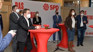 Wahlstand der SPD in der Lobby des Landtags