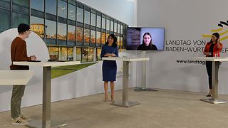 Zwei ausgezeichnete Schülerinnen und Schüler im Gespräch mit Landtagspräsidentin Aras